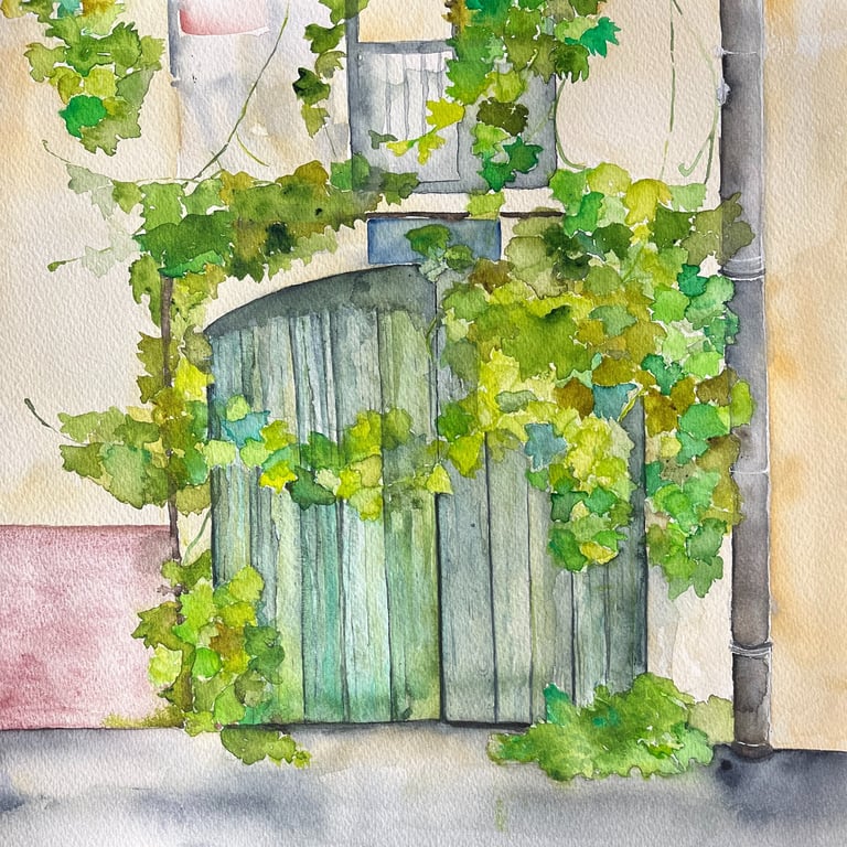 Watercolor of a double green garage door partially covered by lush greenery, set in a pale wall, frontal composition.