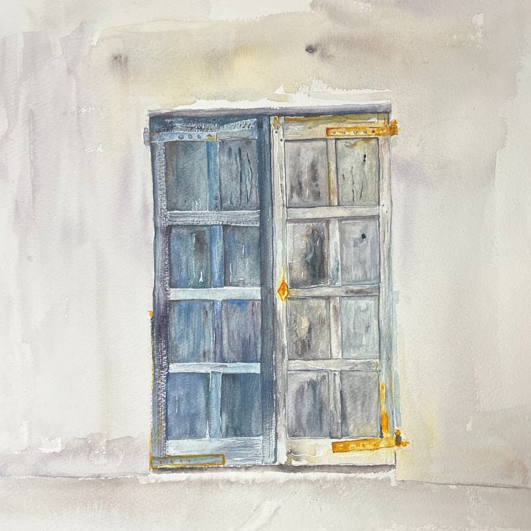 Mineral-textured doorway painted in watercolour, 30 × 30 cm, from the Portes series by Weronika Kacperski