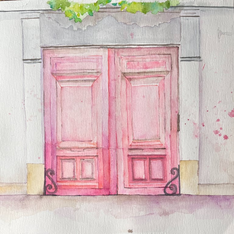 Watercolor of a double door set in a soft sugar pink façade, symmetrical frontal composition with delicate light.