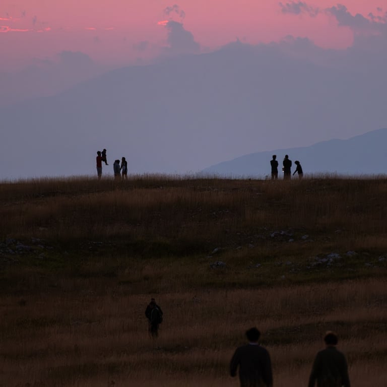fotografia di un gruppo di persone che cammina verso il tramonto