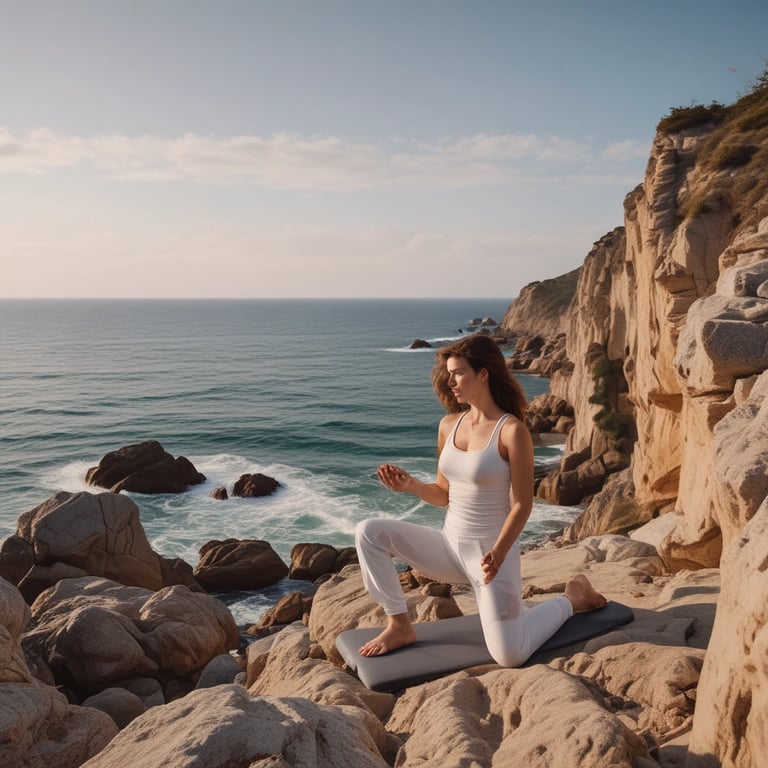 a woman in white pants and white top doing yoga  on a cliff with yoga bolster