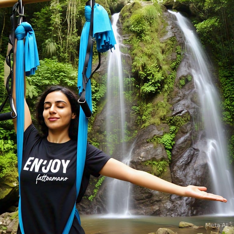 a woman in a black shirt on anti-gravity yoga hammock