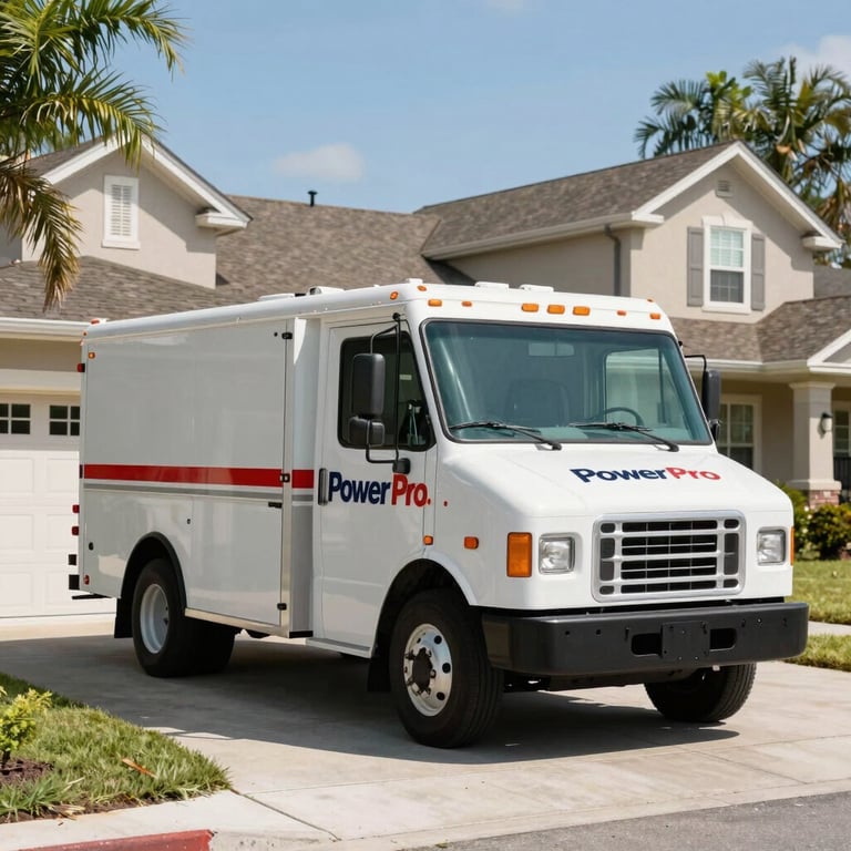 A PowerPro service truck parked outside a sunny Orlando suburban home.