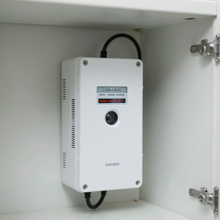 A clean, professional installation of a whole-home surge protector in an electrical closet.