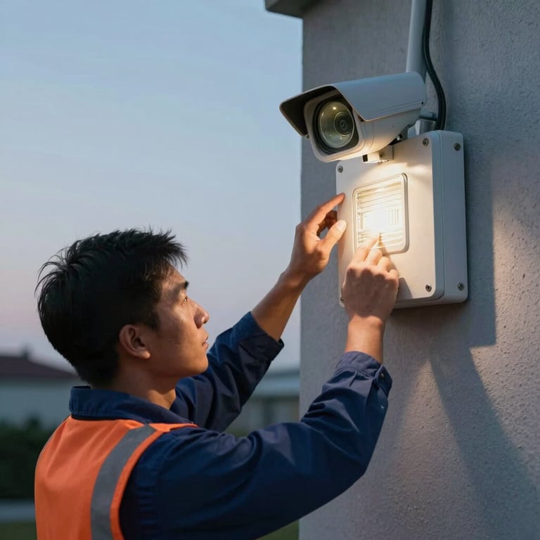 An electrician testing a newly installed outdoor security lighting system at dusk.