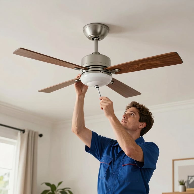 A North American electrician installing a modern designer ceiling fan in a bright living room.