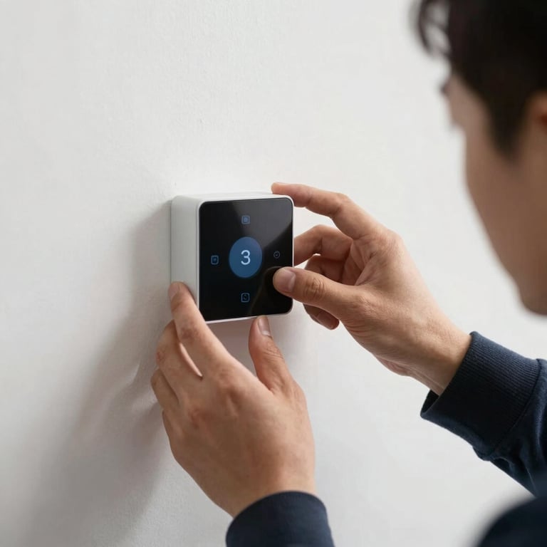 Close-up of a professional installing smart home lighting controls on a white wall.