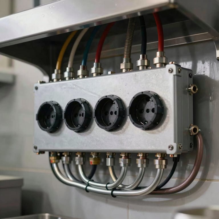 Professional commercial kitchen electrical rewiring with steel conduits and industrial outlets.