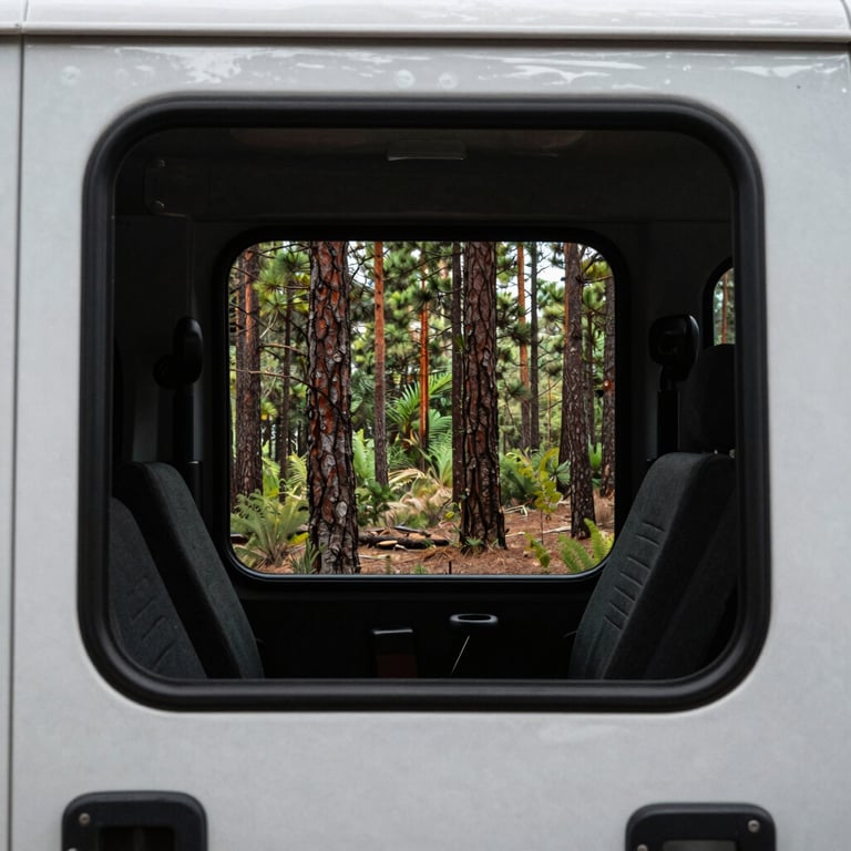 The scenic view of Mazamitla's pine forest through the window of a service truck. North American / Mexican setting.