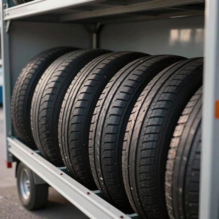 A row of high-performance tires arranged neatly inside the mobile unit, showcasing variety and quality.