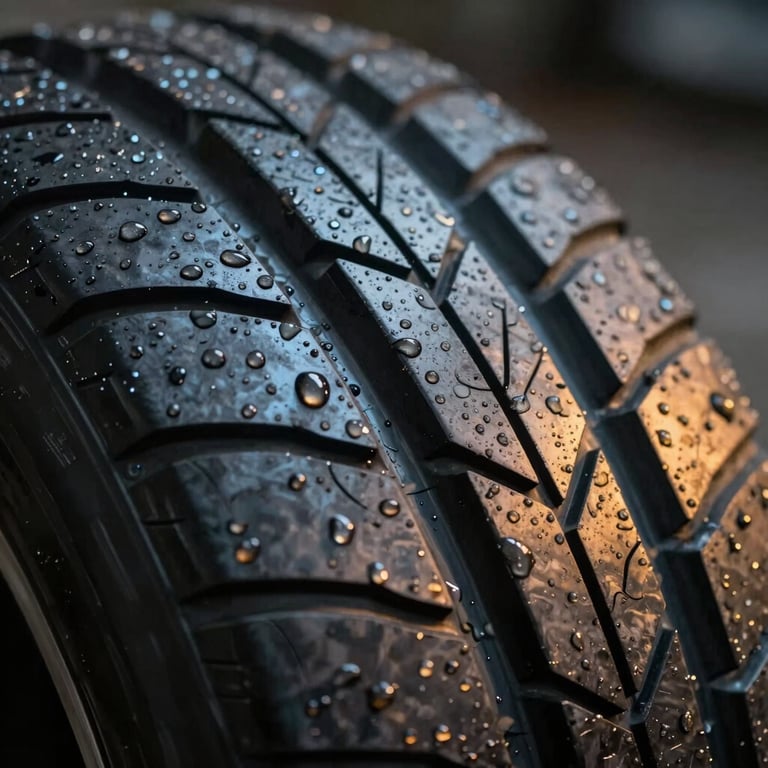 Extreme close-up of a new tire tread with water droplets, reflecting a blue and mustard yellow ambient light.