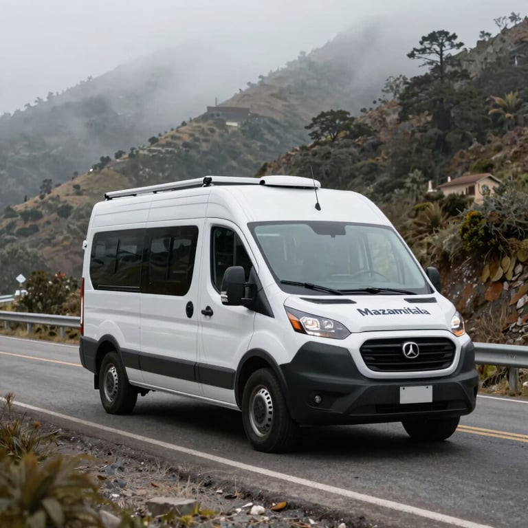 A shiny, modern mobile service van driving along a misty mountain road in Mazamitla, Jalisco. North American / Mexican landscape.