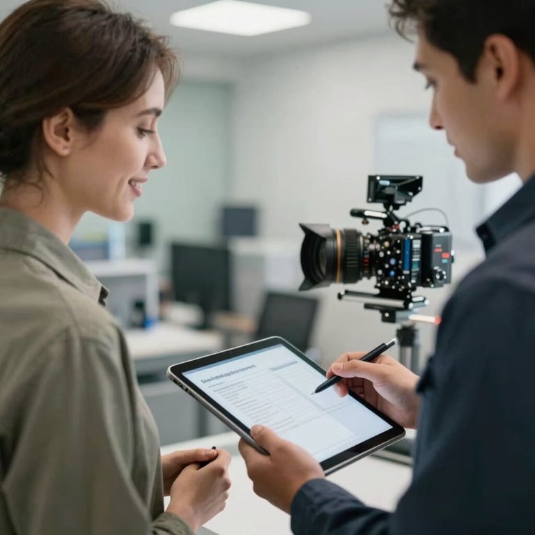 A satisfied customer receiving a service report from a professional technician on a tablet. Sophisticated lighting.