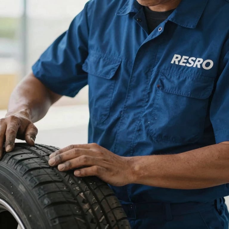 Detail of a technician's uniform with a professional logo, working on a tire in bright daylight.