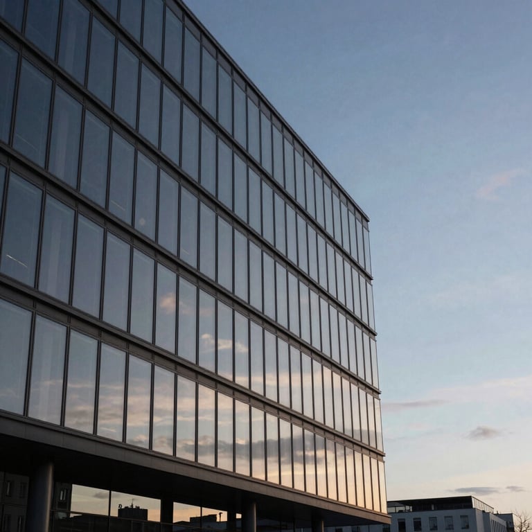 Modern glass office building reflecting a Blue-Grey sky during sunset in Germany.