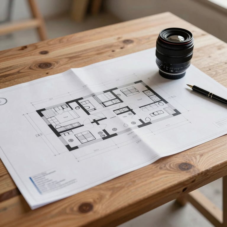 A close-up of architectural plans on a wooden table at a Central European job site, Ochre and Dark Navy tones.