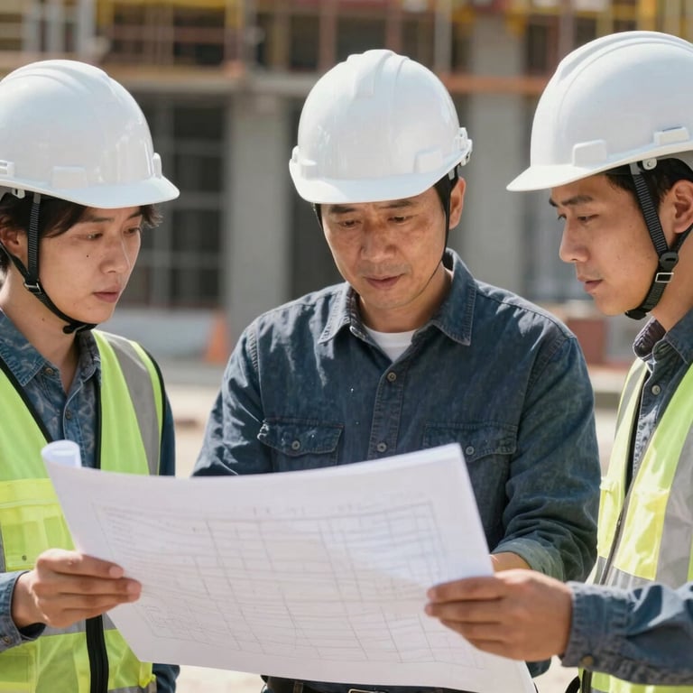 A team of construction workers in white hard hats discussing a project in a professional setting.