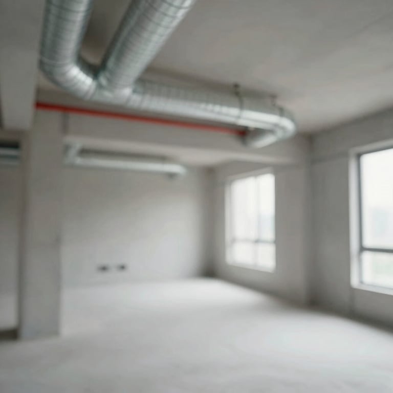 Interior view of a modern construction project showing clean ductwork and electrical conduits.