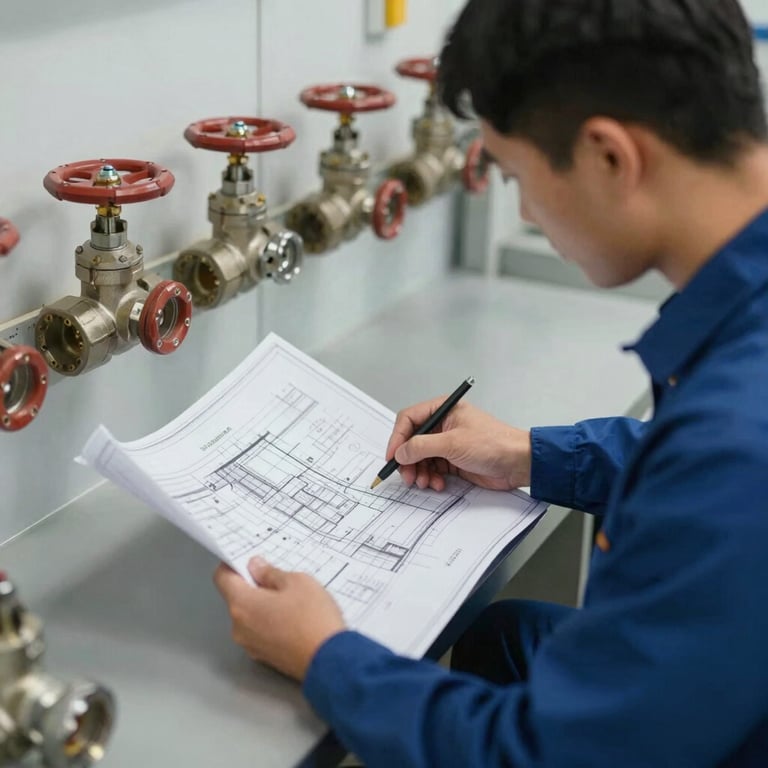 Technical expert reviewing blueprints near a series of newly installed hydro-sanitary valves.