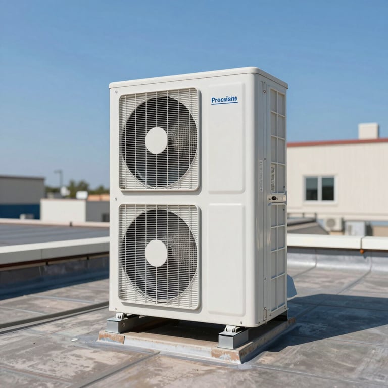 Precision HVAC unit installation on a commercial rooftop with a clear, blue sky background.