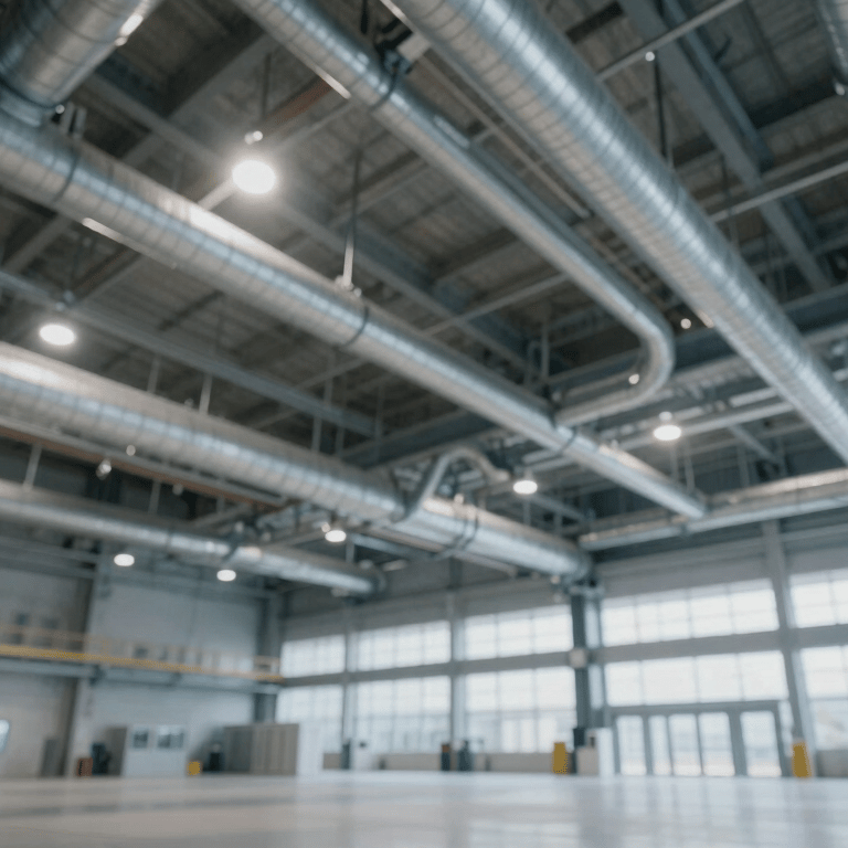 Sleek silver hydraulic piping system in a modern facility, clean lines, professional industrial photography style.