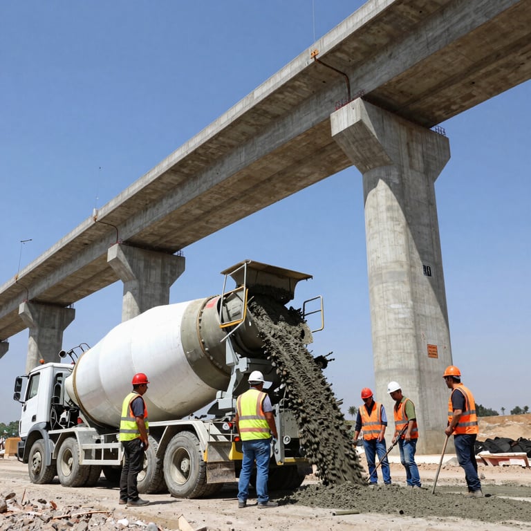 Low-angle heroic shot of a concrete mixer truck pouring concrete on a massive bridge foundation in Peru, engineers in high-vis vests and hard hats supervising, bright daylight, industrial texture