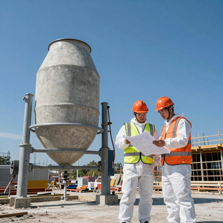 An engineer in full PPE, orange hard hat, high-vis vest, and protective glasses, reviewing blueprints on a clipboard next to a large concrete mixer on an active construction site, hard natural daylight, industrial documentary style.