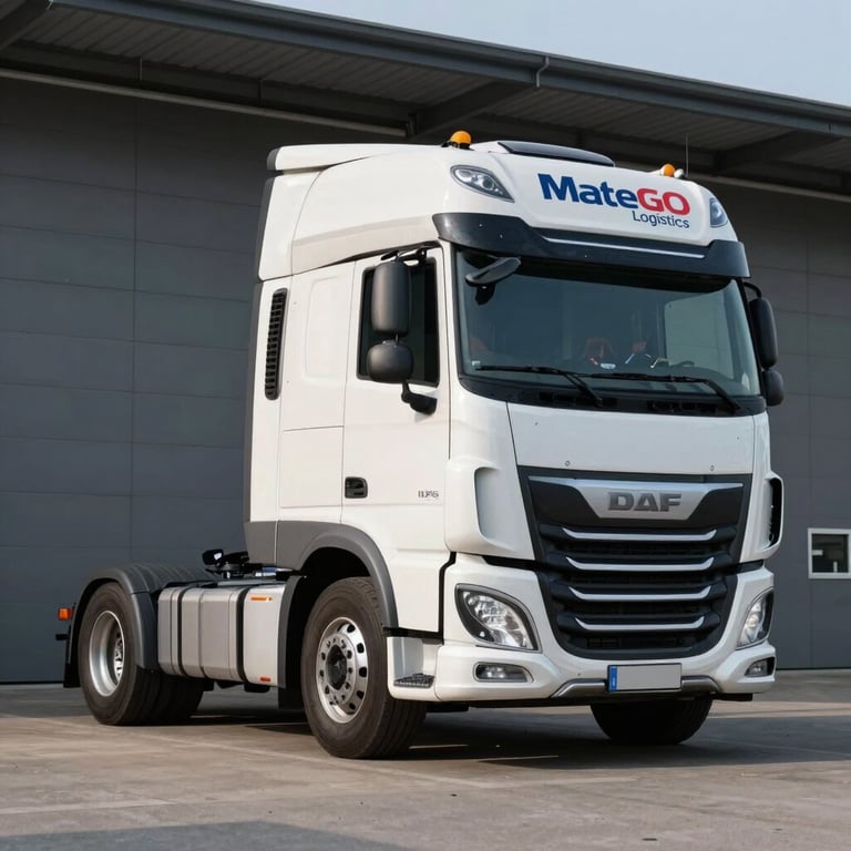 Exterior shot of a DAF XF 480 truck with MateGO Logistics branding parked in a modern warehouse bay in Central Europe.