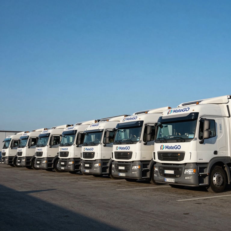 A fleet of MateGO Logistics trucks lined up neatly against a clear blue sky in a Central European / Polish logistics hub.