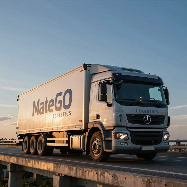 Action shot of a MateGO Logistics truck crossing a modern bridge at sunset, cinematic lighting with slate blue hues.