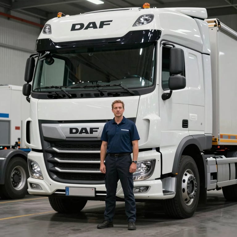 A driver in professional attire standing next to a DAF truck in a Central European / Polish distribution center.