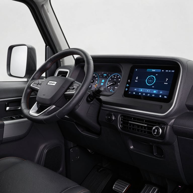 Interior detail of the modern DAF XF 480 cabin, showing the professional workstation and high-tech dashboard.