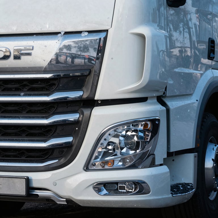 Close-up of the chrome grill and headlight of a polished DAF truck, reflecting ice white and steel blue tones.