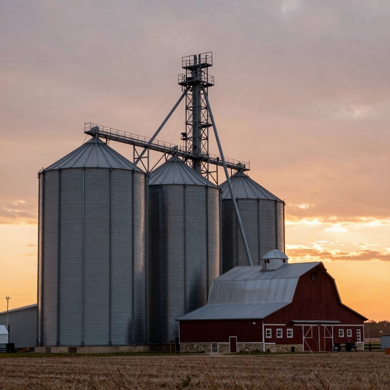 A sunset view of modern grain silos and a traditional barn, blending heritage with technological progress in the North American landscape.