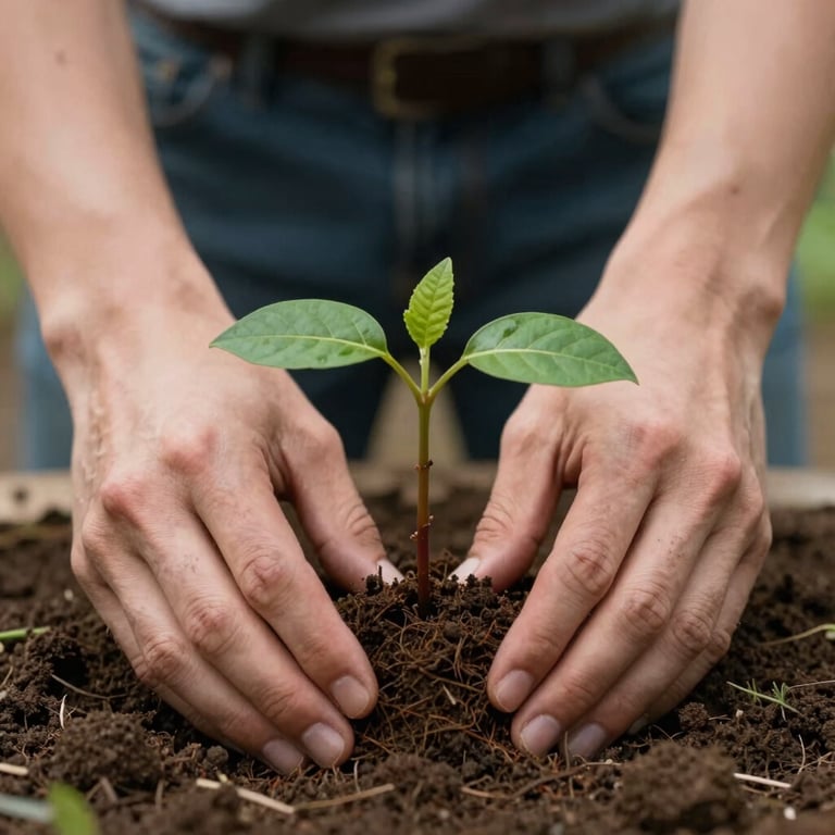 Close-up of hands gently planting a young tree in fertile soil, symbolizing community empowerment and long-term food security.