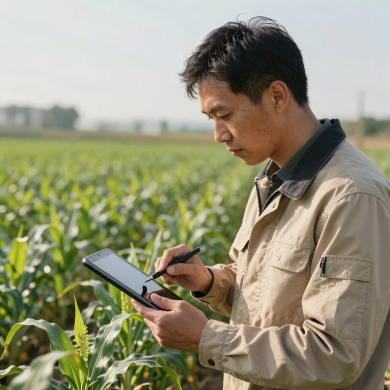 A professional agricultural specialist in a tan work jacket using a digital tablet to monitor crop health in a sunny field.