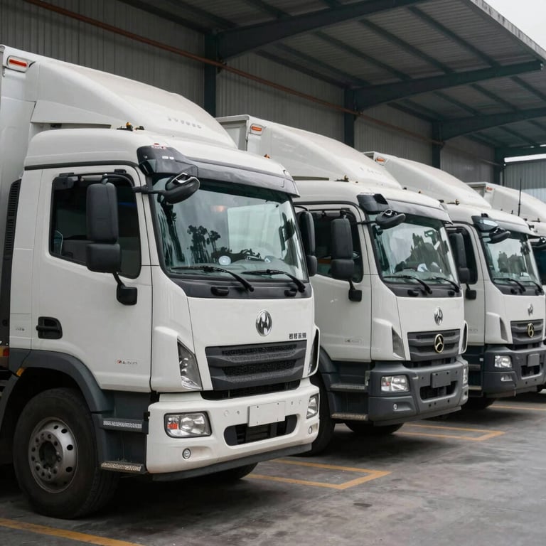 A fleet of efficient logistics trucks parked at a distribution center, ready to deliver high-quality agricultural products.
