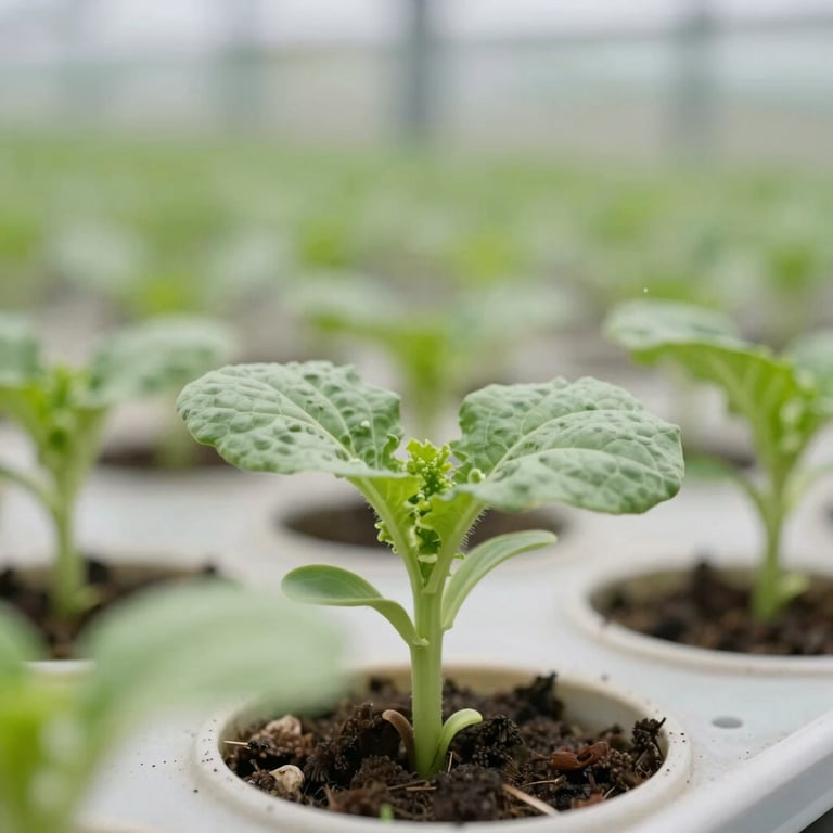 Close-up of vibrant green vegetable seedlings in a high-tech North American greenhouse with soft, natural lighting.