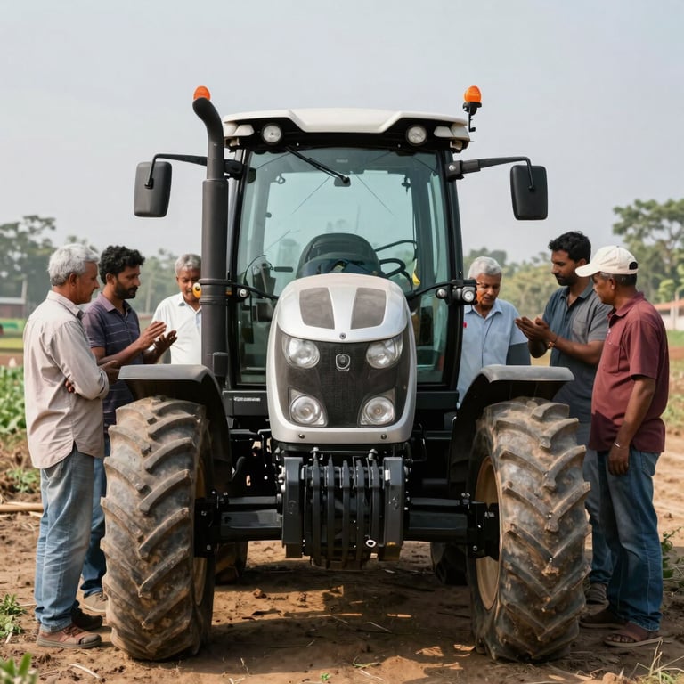 Group of diverse farmers gathering around a modern, efficient tractor for a community training workshop in a rustic outdoor setting.