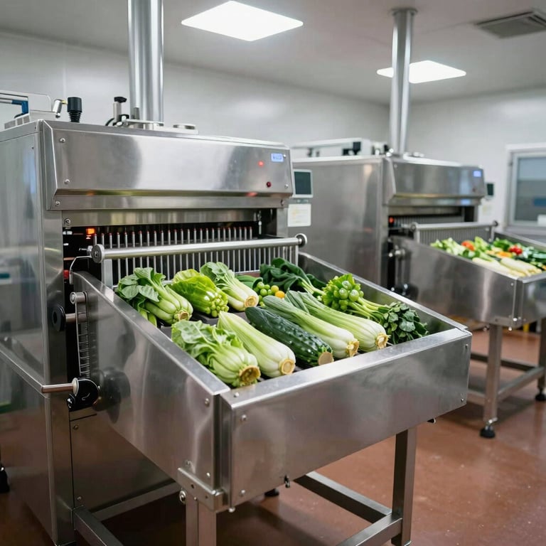 Clean, professional interior of a modern produce processing facility with stainless steel equipment and bright lighting.