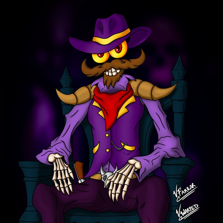 Vawesome Warped avatar 2024 cowboy skeleton sitting in a chair with a moustache wearing purple gold