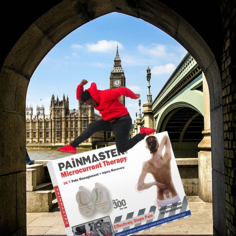 Photo of a Painmaster box with the Parliament of Westminster in the background and a young man jumping over it.