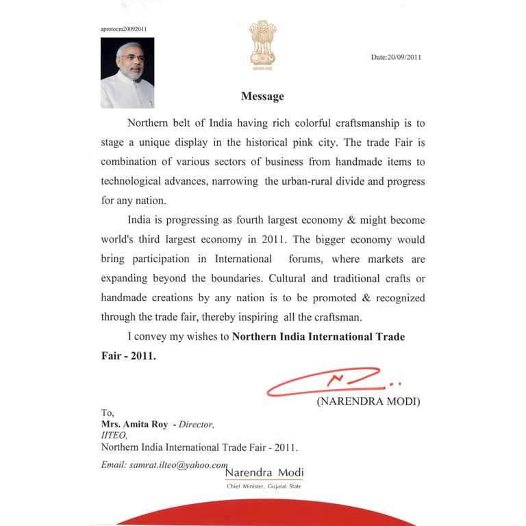 Official message from Narendra Modi for the Northern India International Trade Fair 2011 featuring his signature.