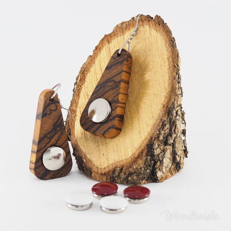 modular wooden earrings made from zebrano wood with 2 additional interchangeable studs