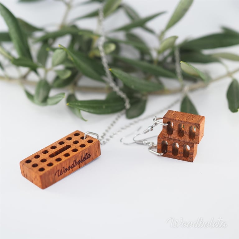 necklace and earrings made from padouk wood in a shape of miniature bricks