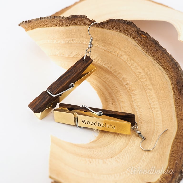 Clothes pins inspired earrings made from exotic wood and brass