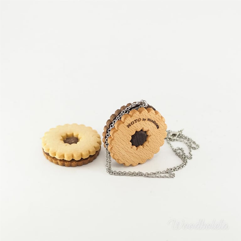 real cookie and cookie made from wood as necklace