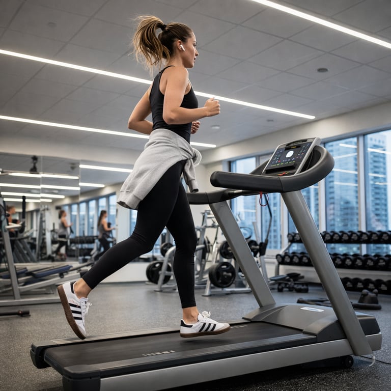 mulher correndo na esteira com adidas samba