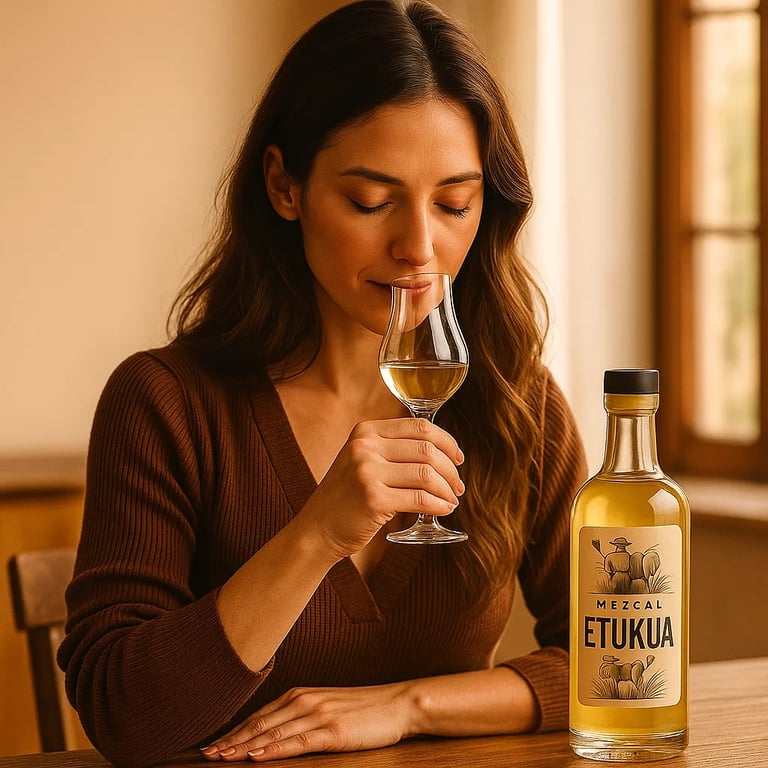 Mujer oliendo una copa con mezcal artesanal Etukua, concentrada en percibir sus aromas complejos y a