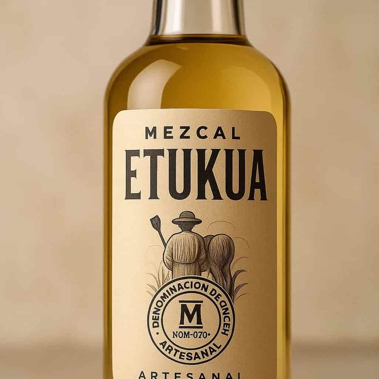Sello de certificación NOM-070 en botella de mezcal artesanal